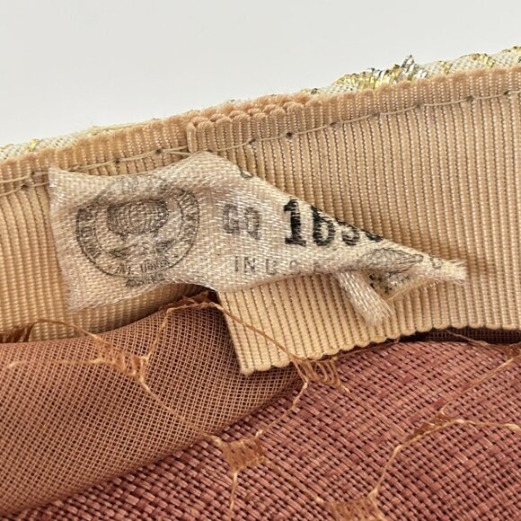 Sequin Pillbox Hat Vintage Gold Brocade Cocktail Netting Union Tag UHCMW Label - Picture 10 of 11